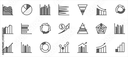 Set of statistics flat stroke icon. Business object 640x640px vector illustration.