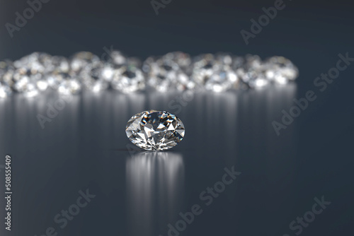 Round Diamonds group placed on dark glossy background, 3d rendering, soft focus.
