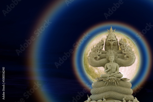 Moon corona light and Buddha protected by the hood of the mythical naga on the night sky
