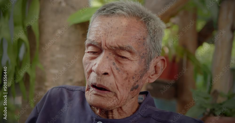 Asian male farmer who is the long life native 98 years, white hair, freckled skin, still in good health living in a rural farmer's village, talking about his story with visitors. Asian male farmer who is the long life native 98 years, white hair, freckled skin, still in good health living in a rural farmer's village, talking about his story with visitors.
