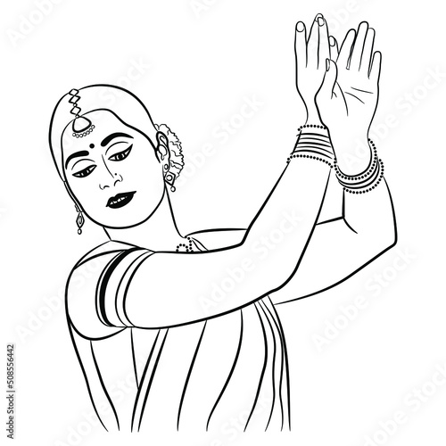 Indian girl dancing traditional dance. Ethnic female portrait. National performance. Black and white linear silhouette. Cartoon style. Isolated vector illustration.