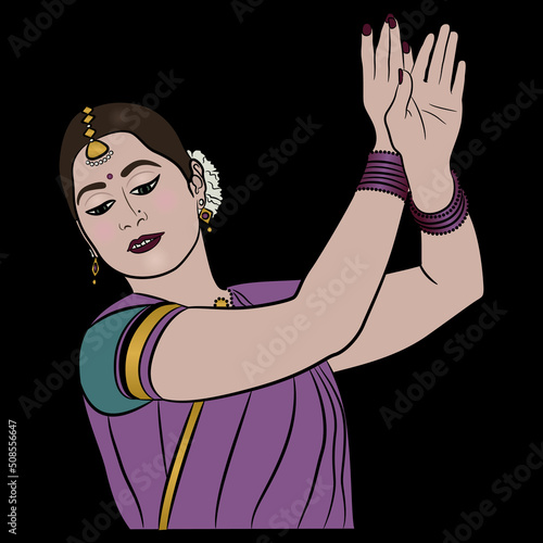 
Indian girl dancing traditional dance. Ethnic female portrait. National performance. Cartoon style. On black background.