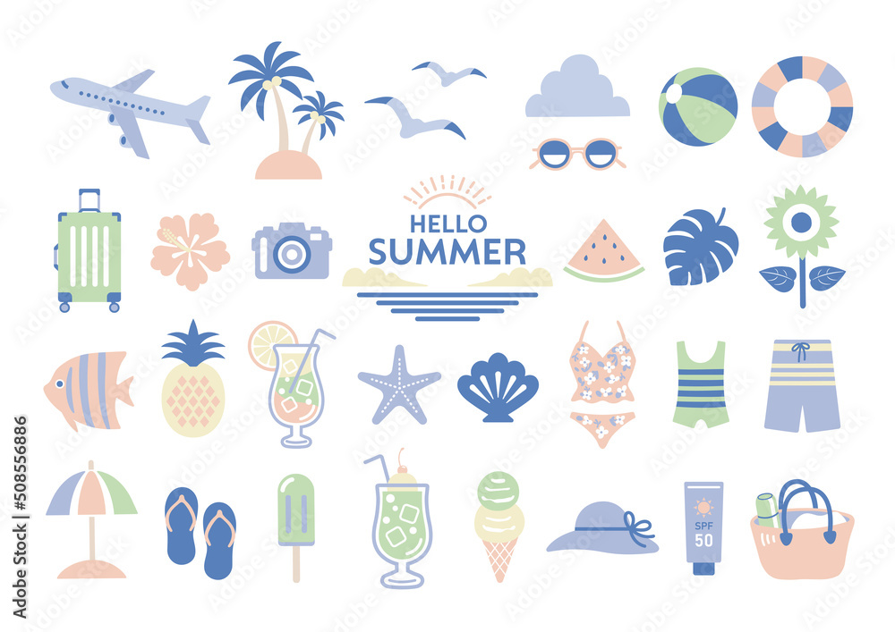 かわいい夏のイラスト素材セット /  夏　海　旅行　アイコン　セット