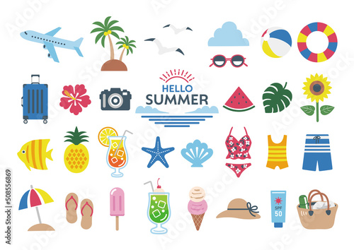 かわいい夏のイラスト素材セット /  夏　海　旅行　アイコン　セット