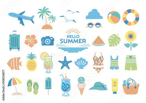 かわいい夏のイラスト素材セット / 夏 海 旅行 アイコン セット