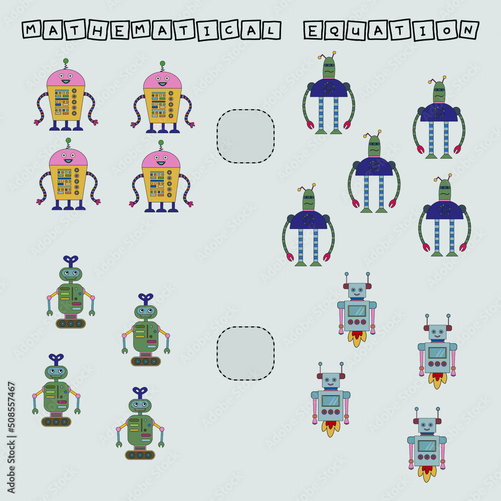 Developing activities for children, compare which more robots. Logic game for children, mathematical inequalities.