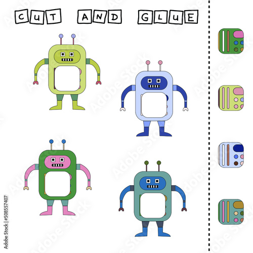 Cut out and glue the part of the robot to its pair.Preschool worksheet, kids activity worksheet, printable worksheet
