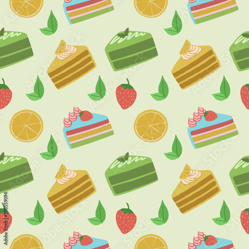 seamless pattern of strawberry, orange, and green tea cakes