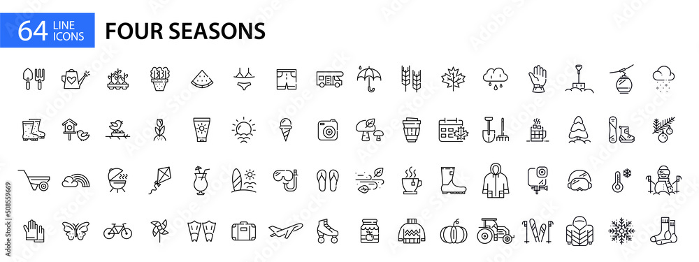 Four seasons icons set. Spring, summer, autumn and winter. Pixel perfect, editable stroke line art icons Four seasons icons set. Spring, summer, autumn and winter. Pixel perfect, editable stroke line art icons