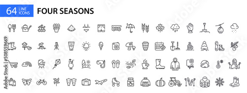 Four seasons icons set. Spring, summer, autumn and winter. Pixel perfect, editable stroke line art icons