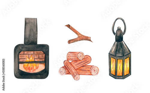 Kerosene lamp and stowe, firewoods isolated elements photo