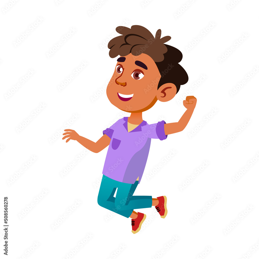 Kid Boy Jumping And Celebrating Victory Vector. Hispanic Preteen Child Jumping With Positive Expression, Sport Action On Playground. Character Playful Activity Moving Flat Cartoon Illustration