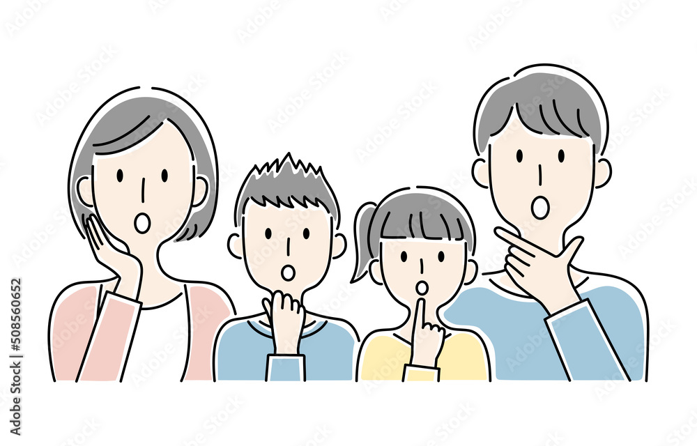 手描き風・びっくりした表情の家族のベクターイラスト 手描き風・びっくりした表情の家族のベクターイラスト