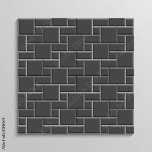 Slab pavement texture. Paved street. Black floor tiles. Brick seamless pattern. Decorative sidewalk. Stone background. Cobblestone garden footpath top view. Mosaic outdoor print. Vector illustration