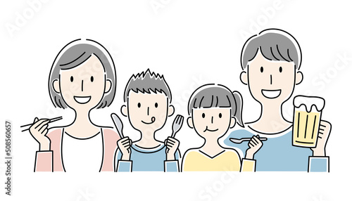 手描き風・食事を楽しむ家族のベクターイラスト