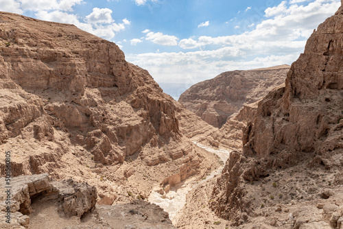 Dry  river bed passing through the stone desert near the Khatsatson stream  on the Israeli side of the Dead Sea  near Jerusalem in Israel