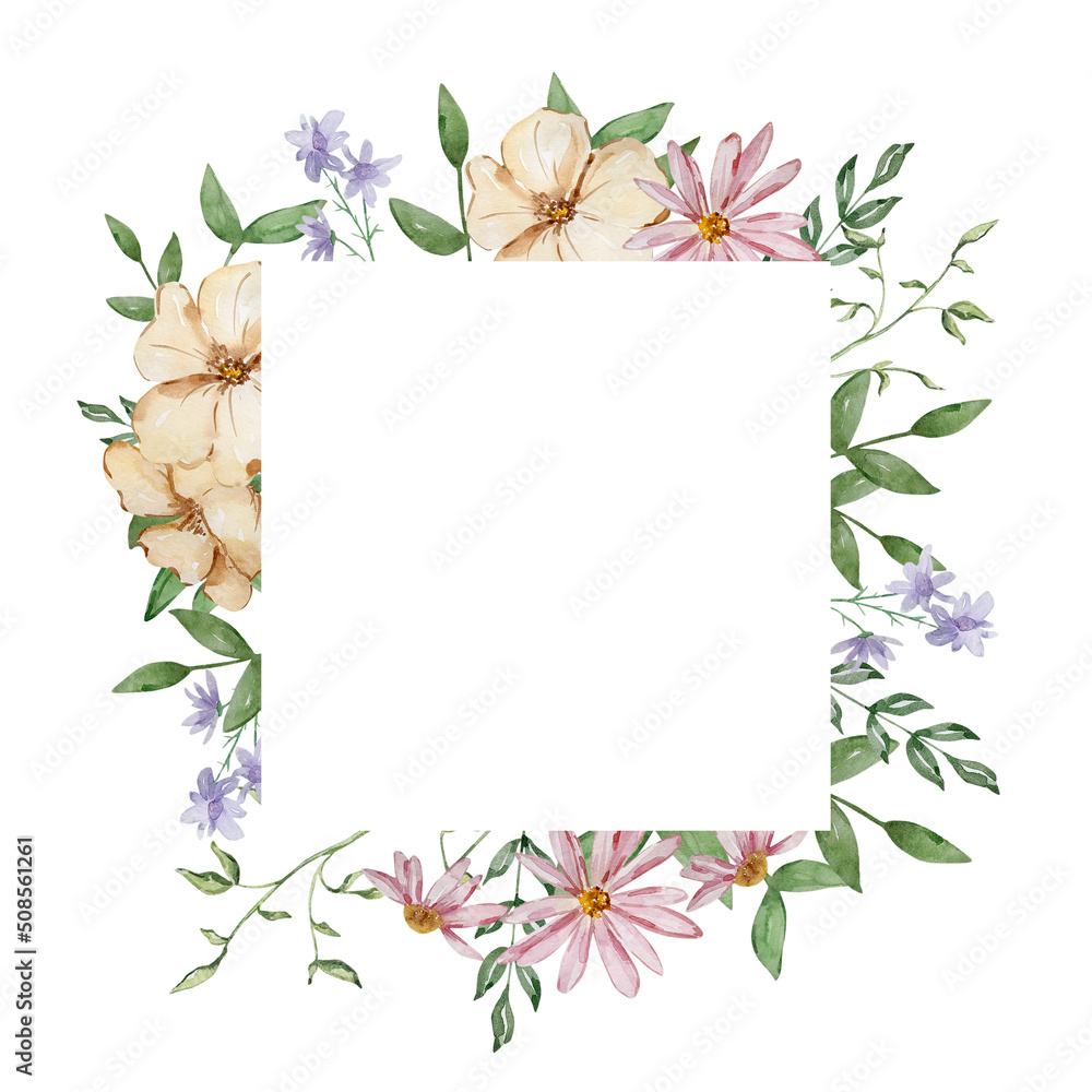 Watercolor square frame of garden flowers..