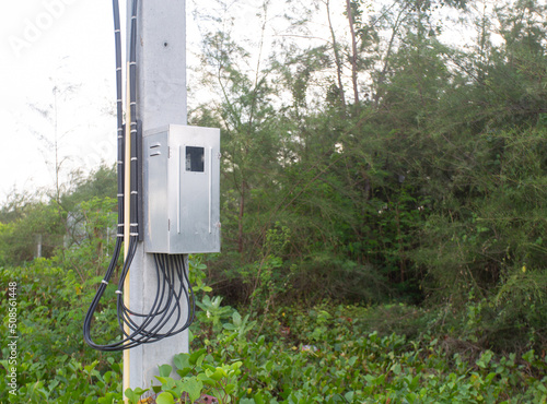 Electric control box in the park for safety leave the copy space photo