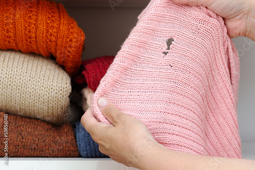 Cropped woman hands holding woolen knitted cloth with hole made by moth over wardrobe with stacks cloth on shelf photo