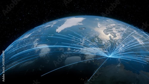 Earth in Space. Blue Lines connect Barcelona, Spain with Cities across the World. Global Travel or Networking Concept.
