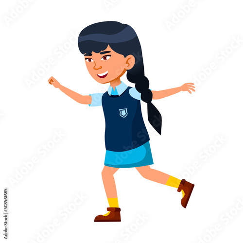 School Girl Running With Positivity Outdoor Vector. Asian Schoolgirl Playing And Running On Playground. Chinese Preteen Character Run Motion Exercise Outside Flat Cartoon Illustration