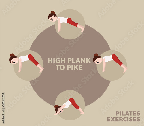 Pilates Moves Exercises High Plank to Pike Cute Cartoon Vector Illustration