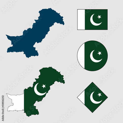 Vector of Pakistan map flag silhouette with flag set isolated on white background. Collection of Pakistan flag icons with square, circle, rectangle and map shapes.