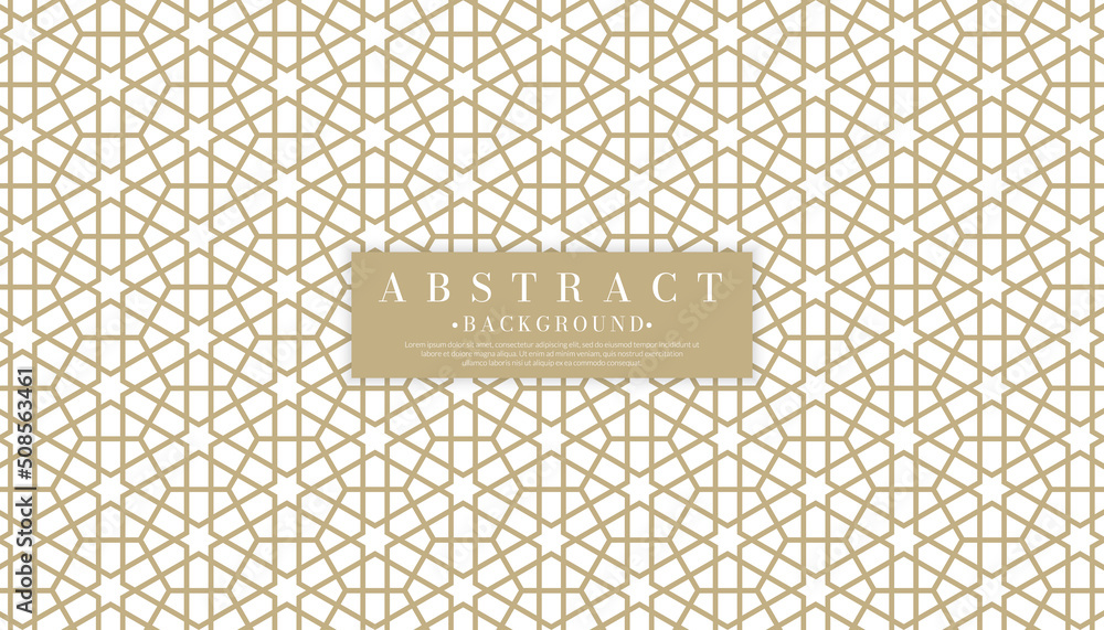 Elegant Islamic template design in gold background. Golden Arabic seamless pattern. Geometric Arabian ornament backdrop. Vector illustration of Muslim texture.