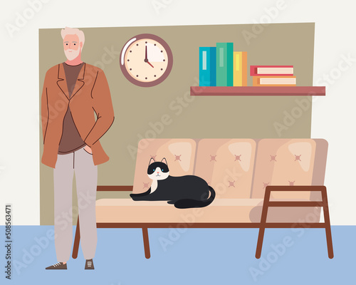 old man modeling and cat