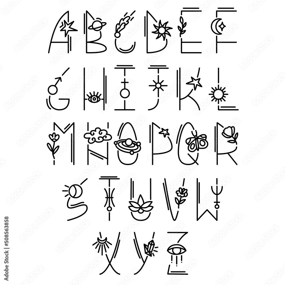 Astro alphabet. Decorative letters with astrological elements. Phrase constructor for astrological predictions. Esoteric lettering design for horoscope and natal chart design. Vector illustration.