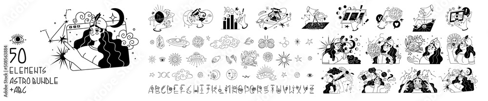 Big astro bundle with 50 astrological elements and compositions, original alphabet. Astrologer analyzes the date of birth of the client and draws up a horoscope according to the zodiac sign. Vector