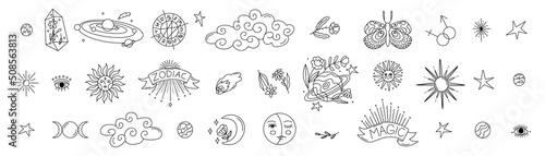 Collection of mystical and astrological icons. Astro tattoo or stickers. Decor for natal chart and horoscopes. Zodiac signs. Big esoteric set. Line art in vector illustration. Isolated elements.