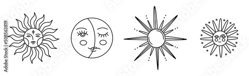Collection of mystical and astrological icons. Solar symbols. Astro tattoo or stickers. Decor for natal chart and horoscopes. Esoteric set. Line art in vector illustration. Isolated elements.