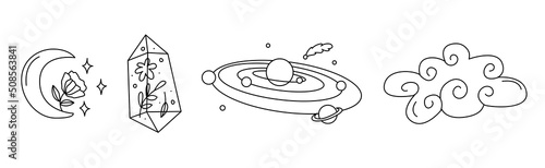 Collection of mystical and astrological icons. Astro tattoo or stickers. Decor for natal chart and horoscopes. Esoteric set. Line art in vector illustration. Isolated elements.