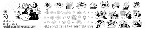 Big astro bundle with 50 astrological elements and compositions, original alphabet. Astrologer analyzes the date of birth of the client and draws up a horoscope according to the zodiac sign. Vector
