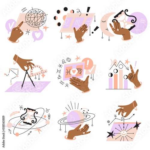Astrology Compositions. Drawing up a horoscope by date of birth and zodiac sign. Analysis of the characteristics of the planets and the lunar cycle. Astrological consultations. Vector illustration.