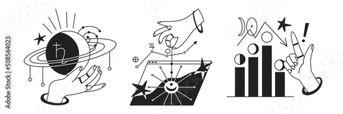 Astrology Composition. Drawing up a horoscope by date of birth and zodiac sign. Analysis of the characteristics of the planets and the lunar cycle. Astrological consultations. Vector illustration.