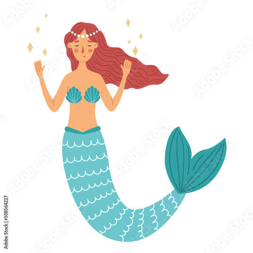 Cute mermaid with red hair. Cartoon girl siren. Vector illustration for kids. Idea for print on children items and design
