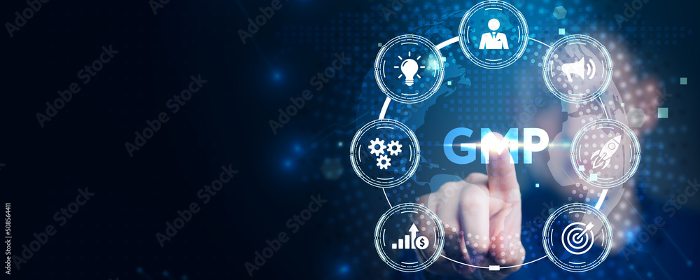 Good manufacturing practice certification quality control on virtual screen. GMP Good manufacturing practice certification quality control on virtual screen. GMP