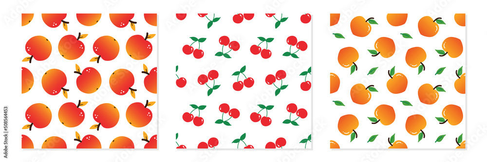 Set, collection of three vector seamless pattern backgrounds with apple, cherry, peach frits for food and nature design. Set, collection of three vector seamless pattern backgrounds with apple, cherry, peach frits for food and nature design.