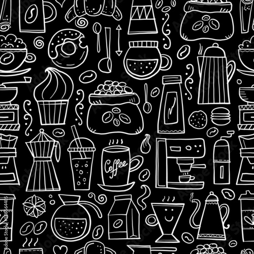Coffee doodles, seamless pattern for your design. French press, cup of coffee...