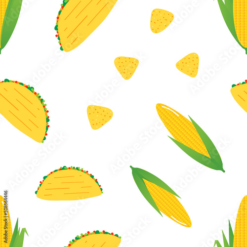 Vector seamless pattern background with taco, nacho chips, tortilla chips and corn for mexican food design.
