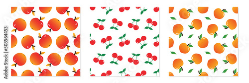 Set, collection of three vector seamless pattern backgrounds with apple, cherry, peach frits for food and nature design.