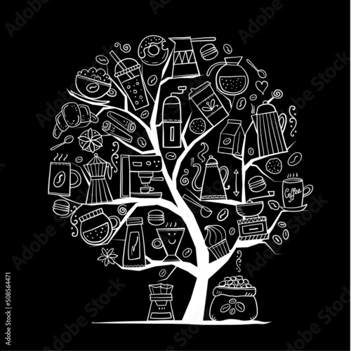 Coffee concept tree for your design. French press, cup of coffee, latte, capp...