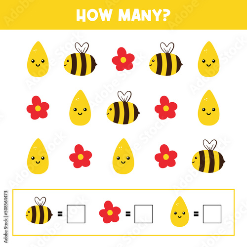Educational game for kids, children. How many flowers and honey  bees. Game-based math learning, counting game. Vector printable illustration, page.