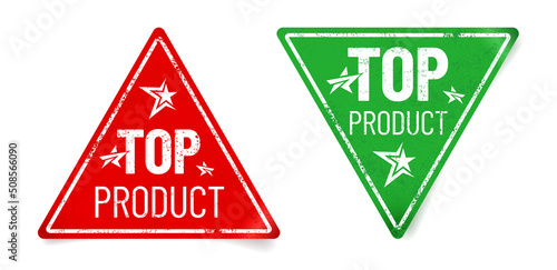Red and green triangle grungy label with TOP PRODUCT sign