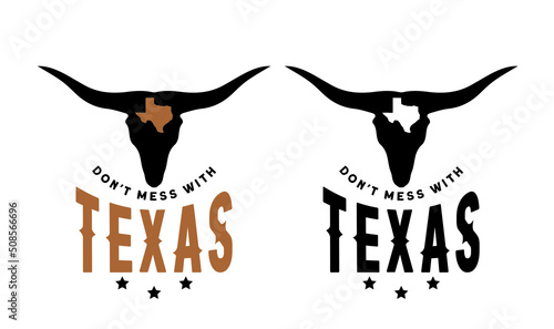 Don't mess with Texas with state map on longhorn cow on white background can be use for website template  notebook cover advertisement banner sourvernir printing t-shirt coffee mug vector eps. 