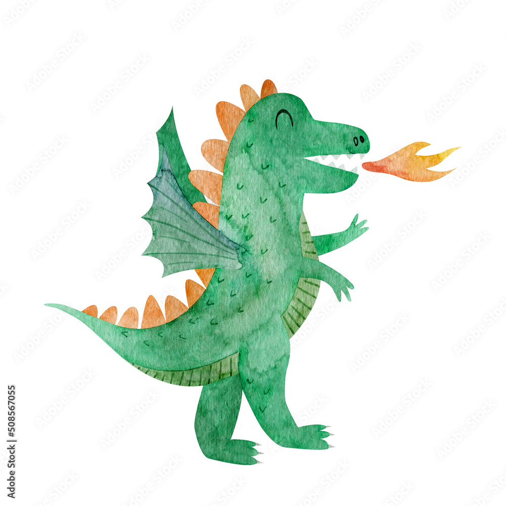Obraz premium Watercolor cute dragon card. Hand drawn green beast. Fairy tale monster. Cartoon style of illustration. Children fantasy.