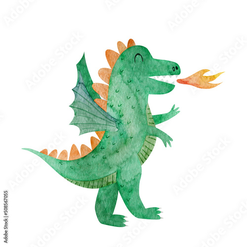 Watercolor cute dragon card. Hand drawn green beast. Fairy tale monster. Cartoon style of illustration. Children fantasy. © Lena