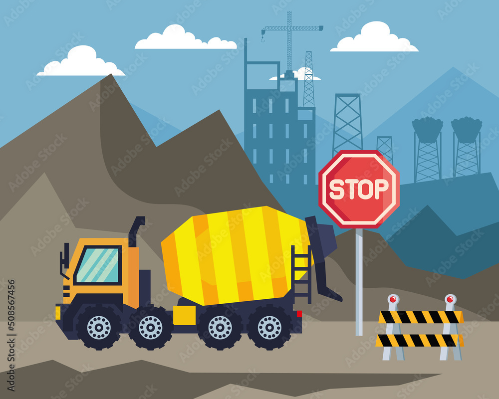 construction stop signal and mixer truck
